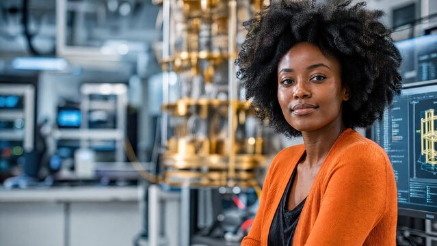 Generative AI, Black female quantum engineer in front of quantum computer hardware in a research lab