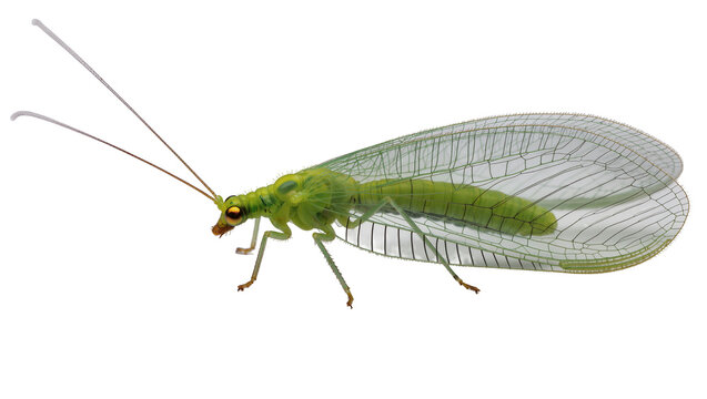 Green lacewing insect with wings and long antennae