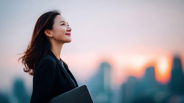 Female diversity. Human rights, equal opportunity concept. A portrait of a woman, captured in a side profile, looking upwards with a serene expression. She wears a black blazer and holds a laptop.