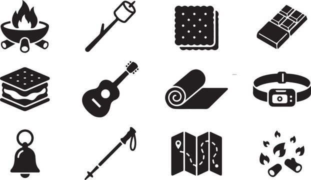 Camping and campfire in black silhouette featuring a bonfire, marshmallow on a stick, graham cracker, chocolate bar, s'more, acoustic guitar, yoga mat, headlamp, bell, and map