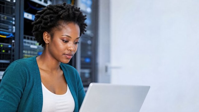 Generative AI, Young Black female IT engineer working on laptop in a server room