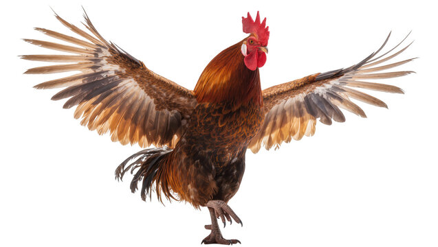 Rooster with wings spread wide, standing on one leg