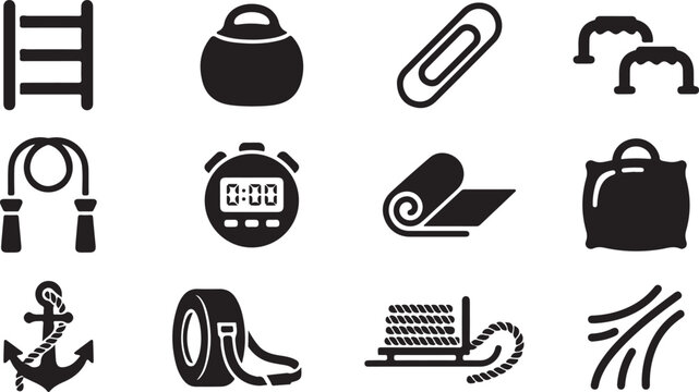 Collection of black fitness and gym equipment including a jump rope, stopwatch, yoga mat, kettlebell, anchor, and exercise ladder on a white background, for workout concepts