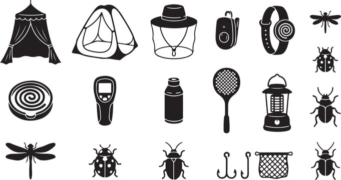 Collection of black camping and outdoor gear including a tent, mosquito coil, lantern, insect net, fishing hooks, and various beetle and dragonfly insect silhouettes on white