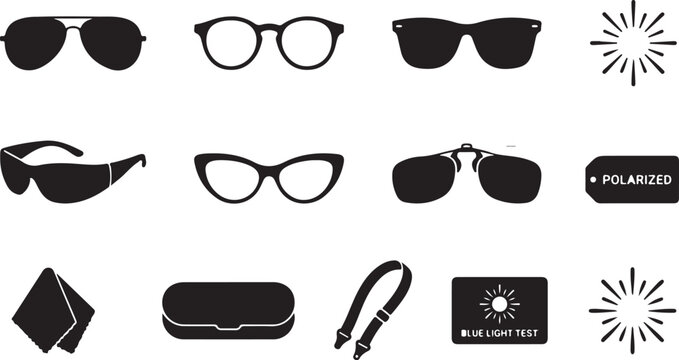 Eyewear and accessories set featuring various sunglasses, eyeglasses, a polarized tag, cleaning cloth, case, strap, and blue light test card on a white background, for optical stores