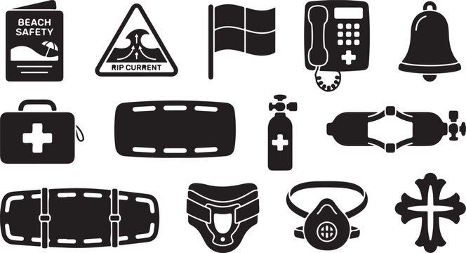 Medical and safety featuring a beach safety sign, rip current warning, flag, telephone, bell, first aid kit, stretcher, oxygen tank, scuba gear, neck brace, mask, and a religious cross