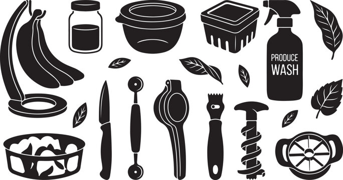Kitchen and food preparation tools in black silhouette style, featuring a banana hanger, glass jar, storage containers, produce wash spray, knife, melon baller, citrus press, and leaves