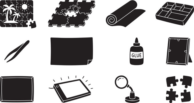 Set of black and white for jigsaw puzzle assembly, including puzzle pieces, a rolling mat, sorting tray, glue, tweezers, a magnifying lamp, and a light box