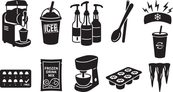 Set of black and white frozen drink and kitchen featuring slushy machine, cup, syrup bottles, spoon, brain freeze symbol, refill cup, drink mix packet, mixer, and icicles