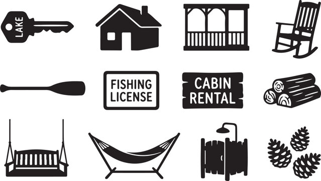 Set of black for lake house rental and outdoor vacation featuring a lake key, cabin, gazebo, rocking chair, paddle, fishing license, firewood, porch swing, hammock, and pine cones