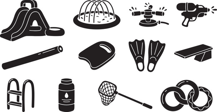 Set of black silhouette for swimming pool and water play equipment featuring a slide, sprinkler, water gun, pool noodle, kickboard, swim fins, diving board, ladder, and net