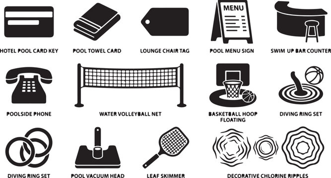 Set of black silhouette representing swimming pool accessories, hotel pool amenities, and maintenance tools with descriptive text labels on a white background