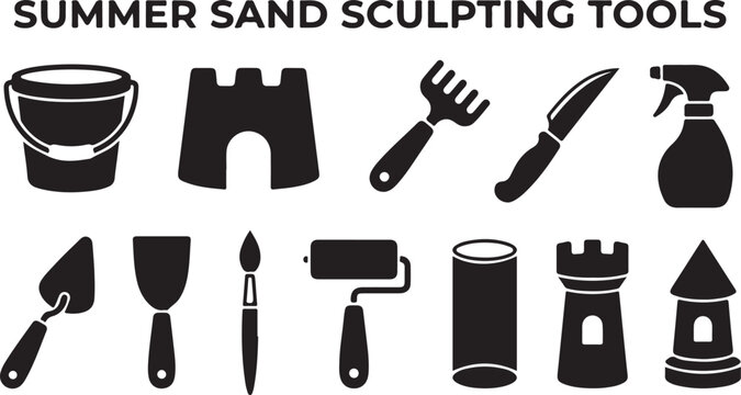 Set of black silhouette summer sand sculpting tools including buckets, castle molds, rakes, knives, spray bottles, paint brushes, and rollers on a white background, for beach