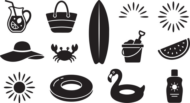 Summer vacation set featuring black silhouettes of a beach bag, surfboard, sun, crab, hat, watermelon slice, inflatable ring, flamingo float, and sunscreen on white background