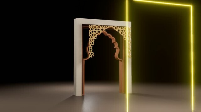 3d illustration phasing animation Islamic arch gateway featuring glowing traditional arabesque geometric patterns on a dark reflective background, perfect for Ramadan or Eid greeting templates.