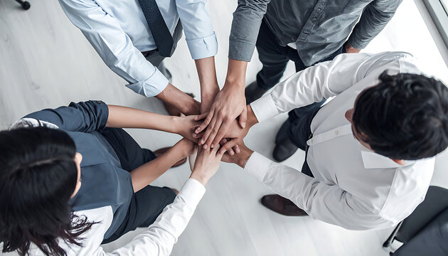 Team joining hands together in a circle on a bright office floor, symbolizing unity, cooperation, and teamwork, success and partnership