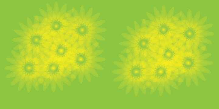 Two clusters of overlapping yellow floral patterns on a green background abstract