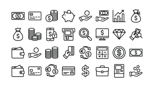 Collection of various financial icons such as money and payment methods on white background