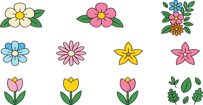 Cute Floral Icon Collection with Tulips, Blossoms, Leaves, and Decorative Botanical Elements for Spring Garden Vector Designs