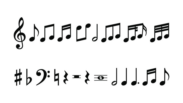 Music notes and symbols on a white background for music notation and composition  various musical elements