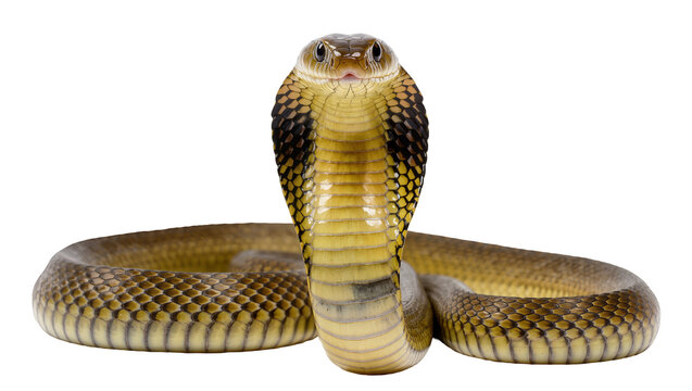 Cobra snake with hood flared, showing scales and pattern