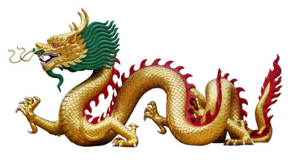 Fototapeta premium Golden Chinese Dragon with Green Mane and Red Accents