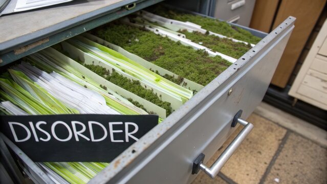 Disorganized File Cabinet with Moss and Papers in Office Setting