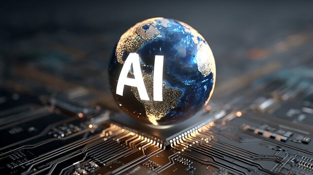 Artificial intelligence glowing text on miniature globe resting on electronic circuit board representing global digital transformation and advanced computing technology