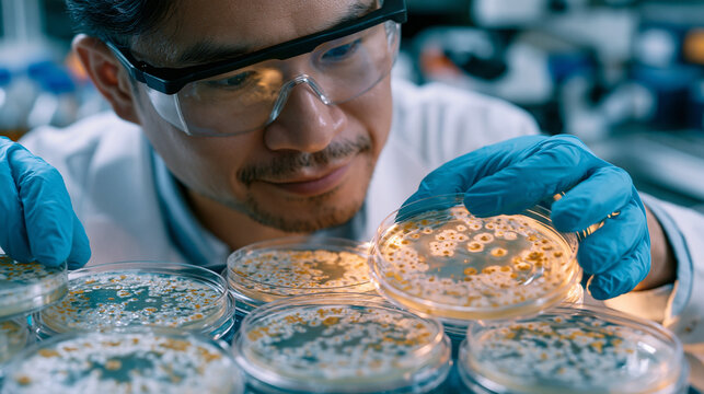 Antibiotic resistance microbiologist photographing bacterial colony growth patterns on petri dish array under laboratory lighting, resistance profiling research, university microbiology department, 
