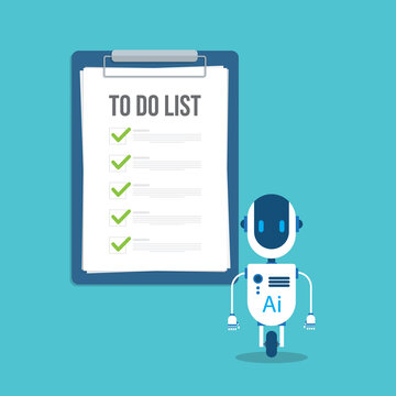 Robot with artificial intelligence and to do list. Successful execution of business tasks at the office.	