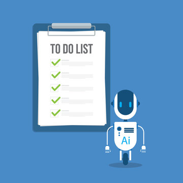 Robot with artificial intelligence and to do list. Successful execution of business tasks at the office.	