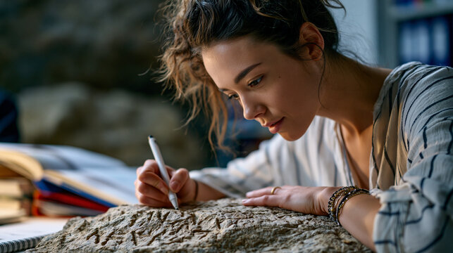 Language origin linguist tracing carved proto-writing symbols on stone tablet replica, comparative inscription reference binders open on research table, archaeological linguistics study, university 