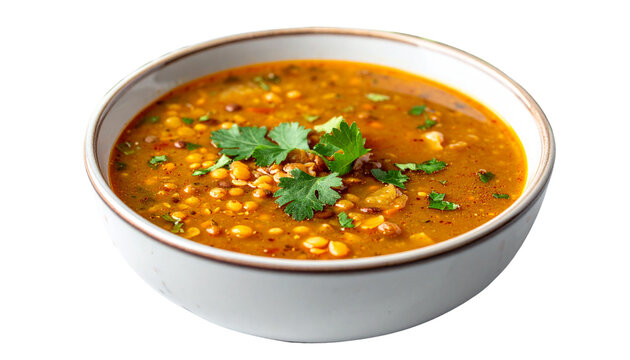 Traditional lentil soup with fresh herbs, steaming hot, isolated on transparent background