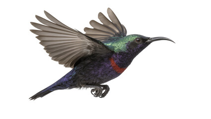 Naklejka premium Hummingbird with iridescent green head and purple body in flight