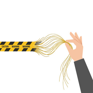 Hand Pulling Threads From Unraveling Yellow Black Caution Warning Tape Symbolizing Deconstruction Of Safety Barrier And Fragile Boundary Concept For Risk Awareness And Prohibition Design Illustration!