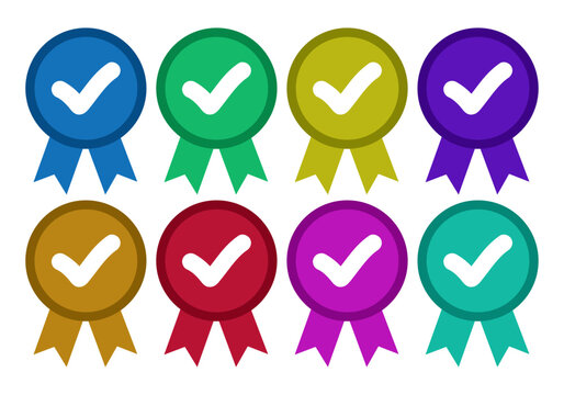Conjunto de medallas circulares de colores con marca de verificaci&oacute;n