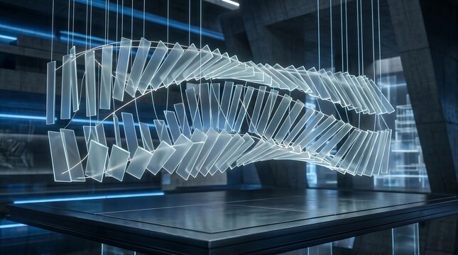 Futuristic digital data sculpture in dark industrial setting with neon blue lighting