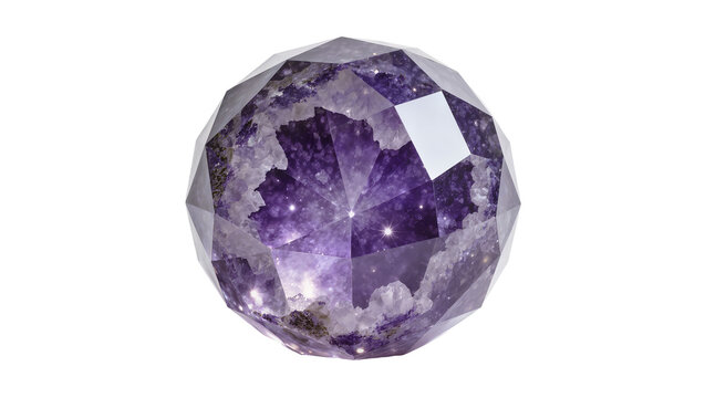 Polished faceted amethyst geode sphere with sparkling interior