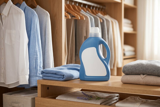 Blue laundry detergent bottle in a tidy wardrobe setting with folded sweaters for closet organization and product marketing background