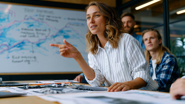 Senior brand strategist presenting a brand refresh relaunch roadmap to a client team, before-and-after visual identity examples mounted side by side on a presentation wall inside a clean modern agen