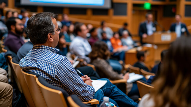 Synthetic biology ethics panel discussion at university auditorium, diverse faculty debating genetic modification boundaries, moderator at podium, graduate audience taking notes, bioethics conferenc