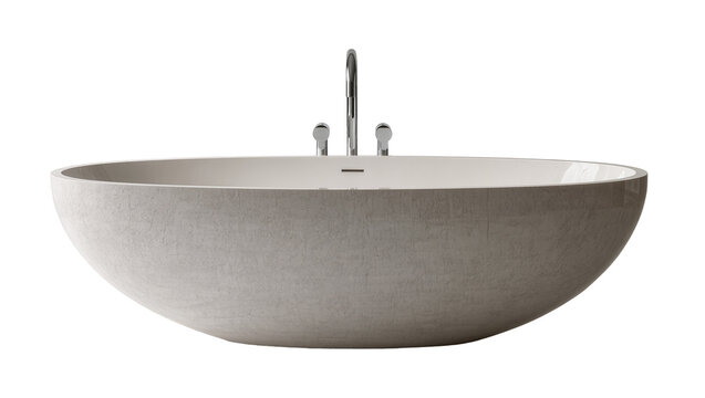 Modern oval stone bathtub with chrome faucet and handles