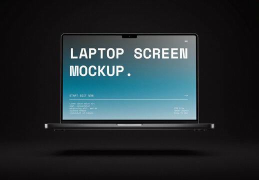 Flying Laptop Computer In Dark Studio
