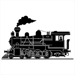 Black and White Vector Silhouette Illustration of a Classic Vintage Steam Locomotive Train Engine © Noyon