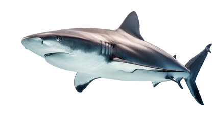 Fototapeta premium Gray reef shark swimming full body view, white