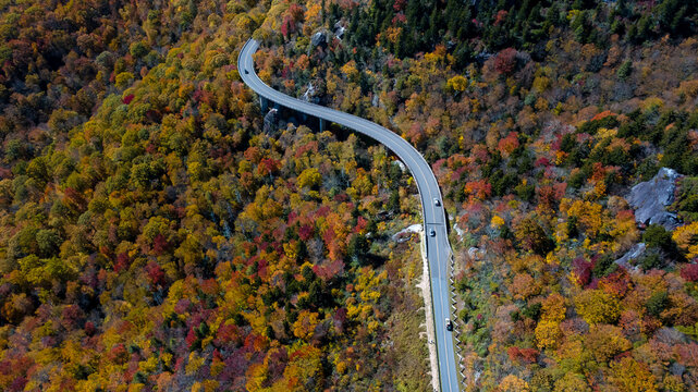 Aerial View Of The Changing Of The Leaves In The North Carolina Mountains