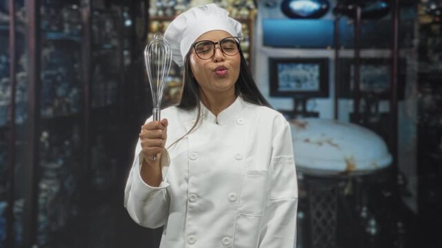 Young woman chef holding whisk, puckering lips in studio, wearing chef jacket and toque; playfulness.