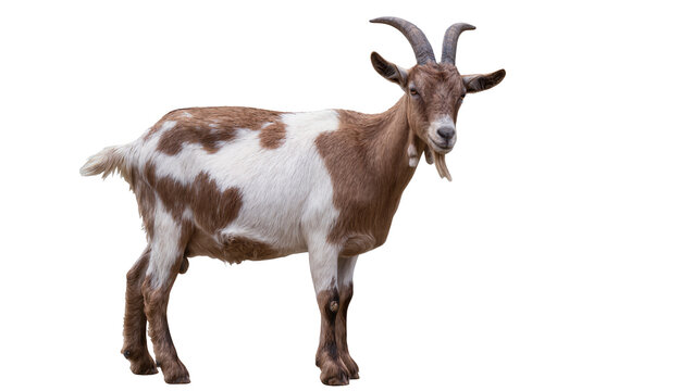 Brown and white spotted goat with horns and beard