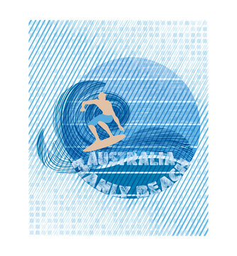 t-shirt print design, illustration of man surfing Australia manly beach t-shirt design. abstract white blue color graphic design apparel clothing . transparent PNG light and dark color background.	