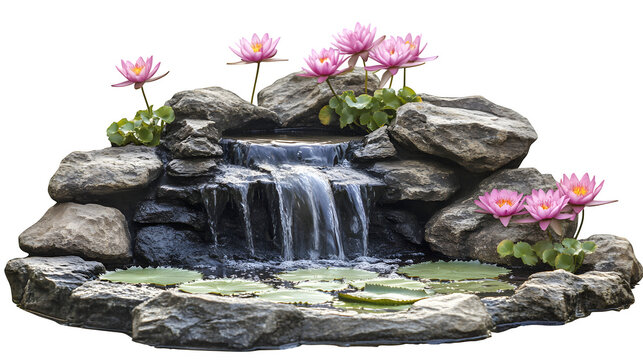 Cascading natural rock waterfall feature with small pond and blooming pink water lilies, garden water design, isolated on white background